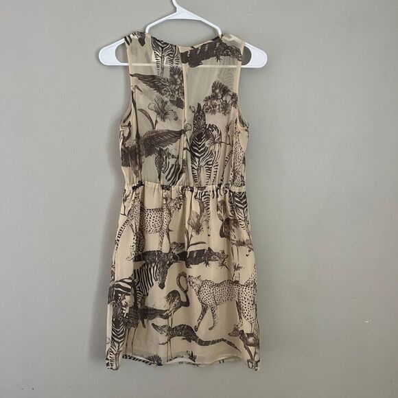 Madewell Womens Ivory Safari Silk Dress 4 Midi Sleeveless V-Neck Elephant Zebra - Picture 3 of 9